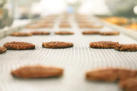 Charbroiled patties moving down the production line