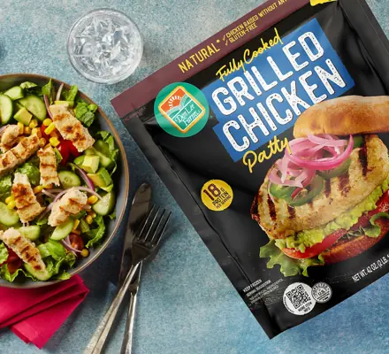 Don Lee Farms grilled chicken patties next to a chicken salad